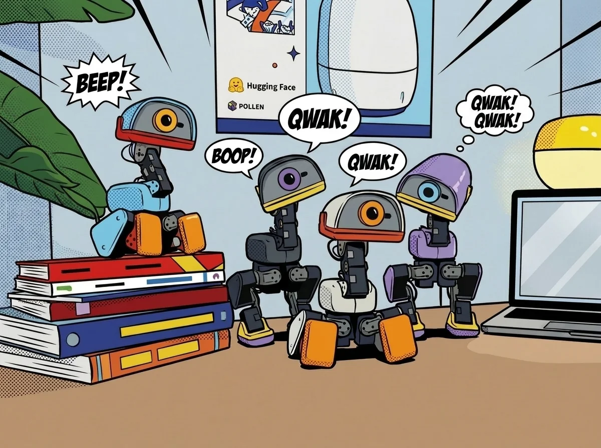 Microduck, a small white-and-orange biped robot from Pollen Robotics, standing in a product render