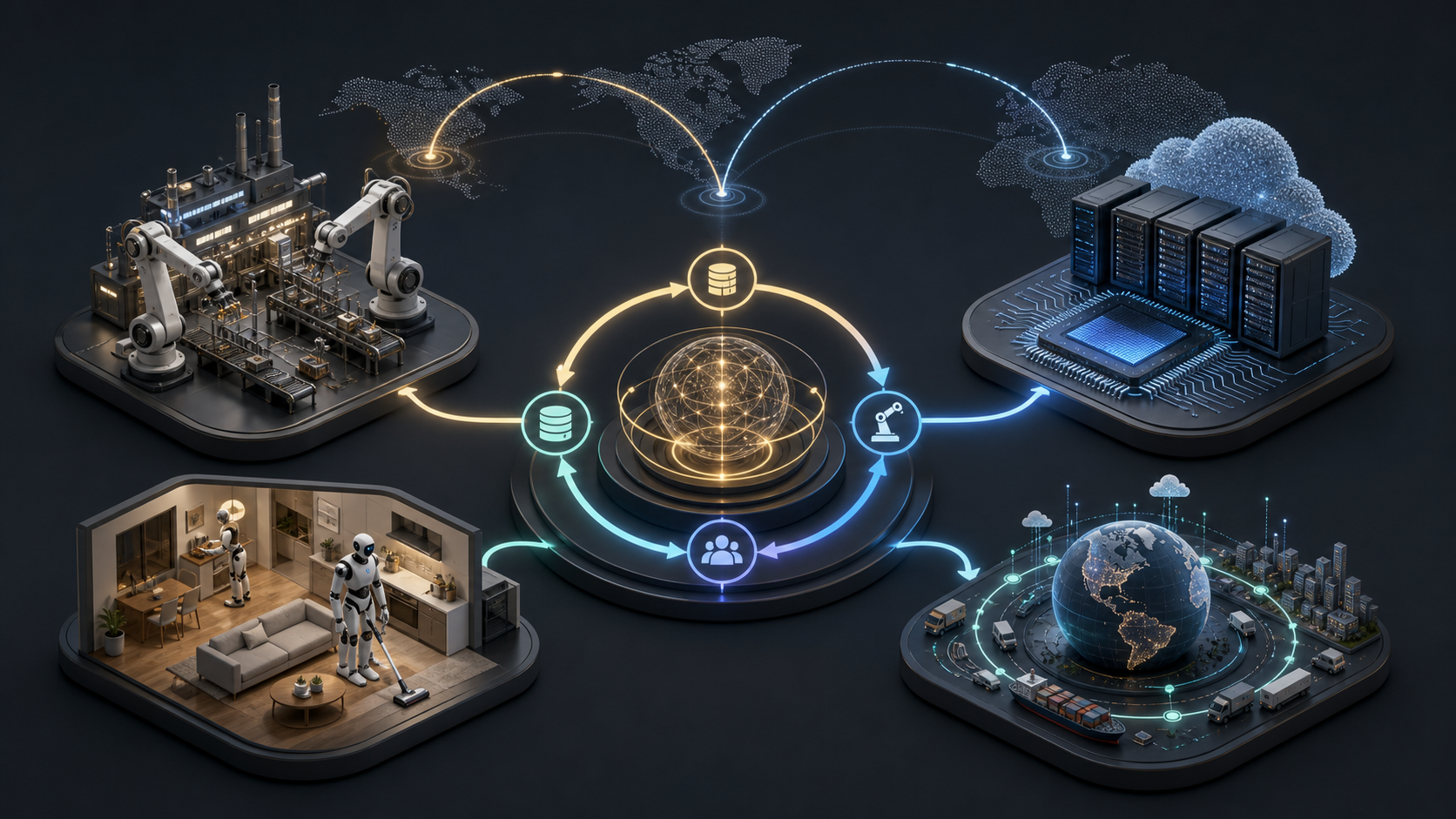 A conceptual physical AI strategy flywheel linking factories, compute, home robots, and global deployment.
